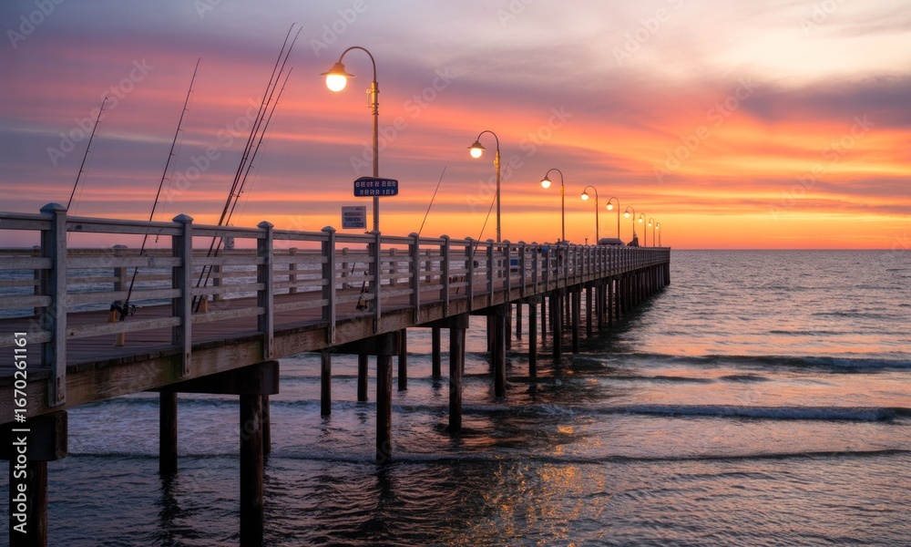 Obraz premium A wooden pier stretches into a vibrant sunrise over calm water. Fishing rods are affixed to the railing