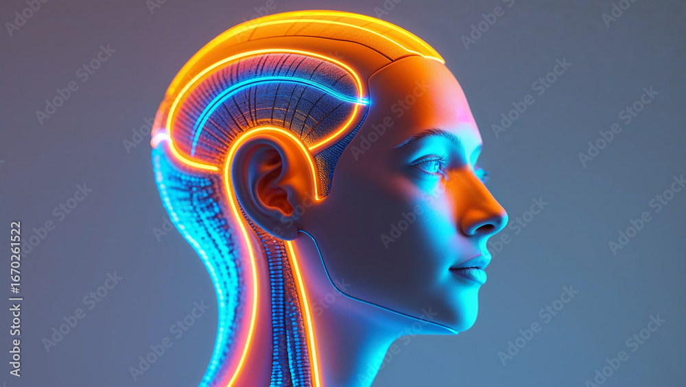 Obraz premium Futuristic Human Head with Neon Circuit Patterns and Lights