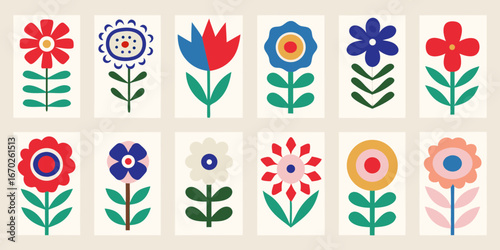 Collection of twelve diverse folk art inspired floral illustrations in a grid layout