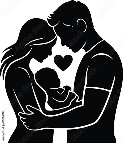 Family love silhouette with newborn baby and heart