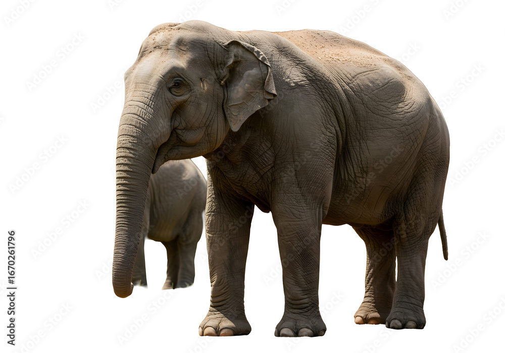 Naklejka premium Two Elephants Standing Side-by-Side on a White Background