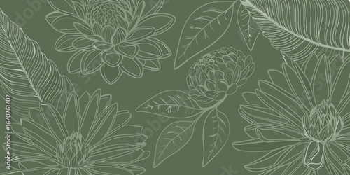 Elegant line art floral pattern with large blooming flowers and leaves on a muted green background