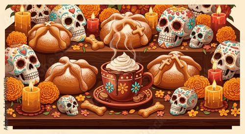 Day of the Dead Celebration Ofrenda with Sugar Skulls and Pan de Muerto