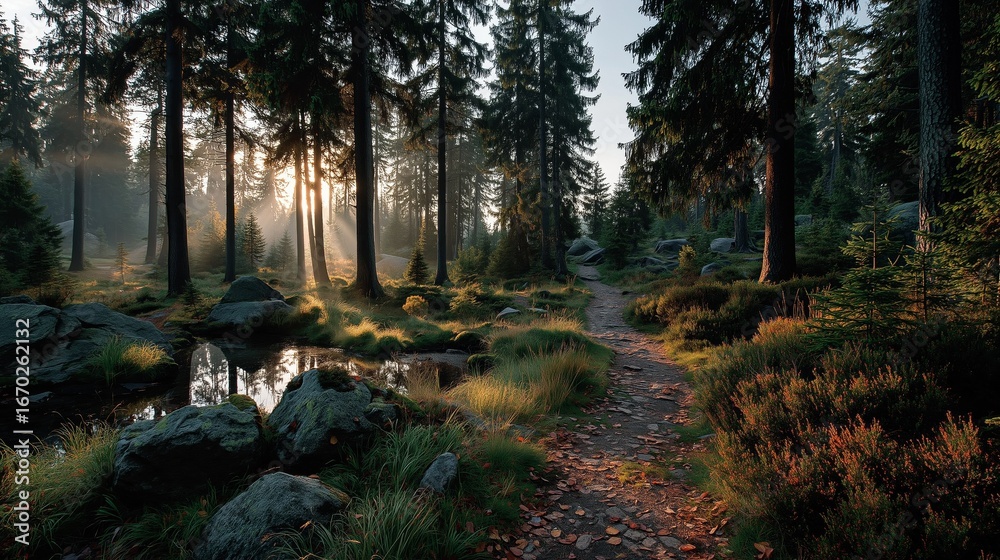 Fototapeta premium Mystical Forest Pathway Splitting into Two with Golden Morning Light