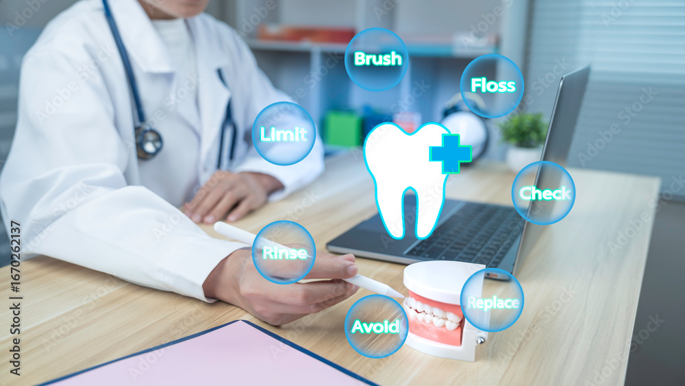 Fototapeta premium Dentist explaining oral hygiene with digital infographic about dental care tips