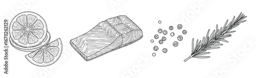Salmon Steak with Lemon Slices, Rosemary, and Pepper. Black and White Hand Drawn Vintage Food Vector Illustration
