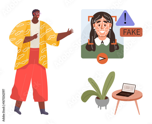 Person analyzing video with AI deepfake detection face recognition, fake alert, and technology elements. Ideal for cybersecurity, AI ethics, misinformation, media analysis, online trust, tech