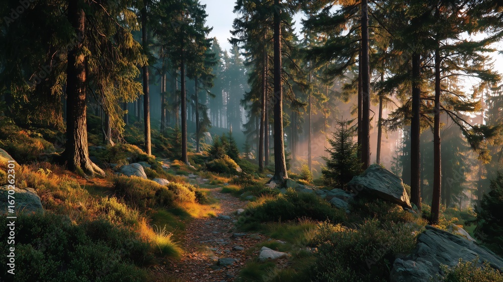 Fototapeta premium Mystical Forest Pathway Splitting into Two with Golden Morning Light