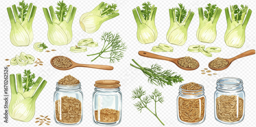 Watercolor illustration of fennel bulbs, seeds, dill sprigs, and spices in jars and spoons.