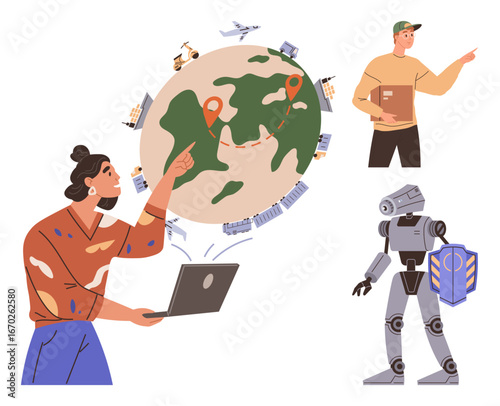 Woman using laptop near globe with logistics icons, delivery person pointing, robot with parcel. Ideal for technology, innovation, logistics, automation, e-commerce, global connections teamwork