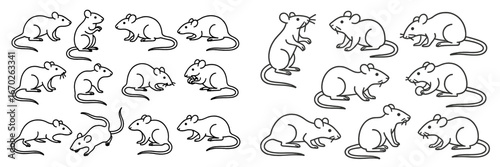 Various sketches of mice in playful poses in a simple black and white style on a clean background