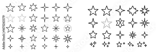 Collection of hand-drawn star designs, featuring various styles and sizes for artistic projects