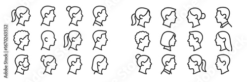 Collection of various minimalist profile silhouettes showcasing diverse hairstyles and facial features