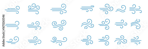 Collection of wind line illustrations showcasing various styles and forms in a simple design format