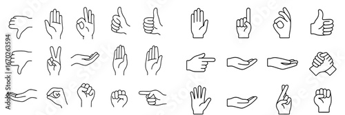 Various hand gestures represented in a simple line art style for communication and expression