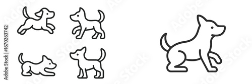 Various playful dog illustrations showcasing different poses and activities in a simplistic design style