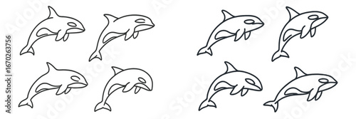 Orcas swimming in synchronized patterns in the ocean during daylight hours