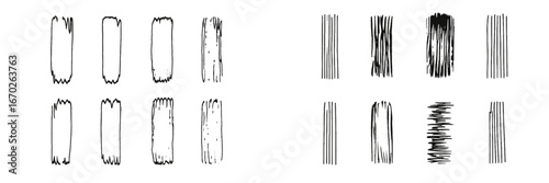 Unique patterns of strokes and shapes created with simple lines on a white background, showcasing artistic techniques and styles for visual studies
