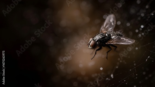 Fly caught in a spiderweb a natural predator scene with dramatic lighting and sharp focus