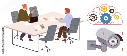 Two professionals discussing at a meeting table, gears in a cloud as technology metaphor, security camera for monitoring. Ideal for teamwork, brainstorming, business, security, management