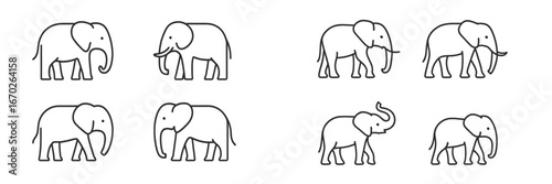 Playful depictions of elephants in various poses and movements captured in a simple black and white style