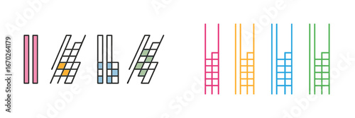 Graphic design elements featuring grid patterns in various colors arranged in a structured layout for creative use