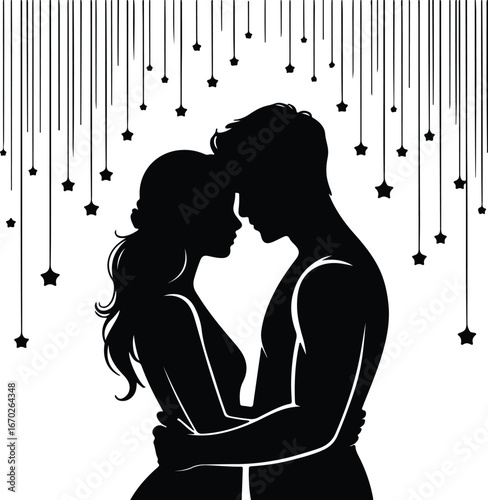 Romantic couple embrace silhouette, starry night