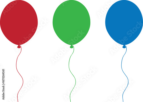balloon, red balloon, green balloon, blue balloon, celebration, party, birthday, helium balloon, string, isolated, graphic, illustration, simple, clean, design element, decorative, festive, round, ova