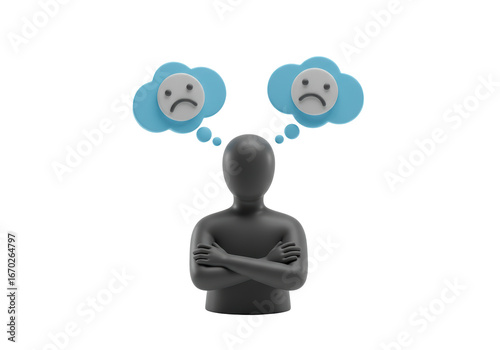 Isolated sad person with bad thoughts, depression and mental health problems, no background