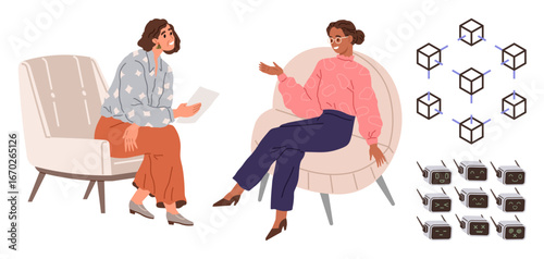 Two women converse on chairs, one with a document, surrounded by blockchain cubes and servers. Ideal for technology strategy, teamwork, innovation, collaboration, blockchain, data simple flat