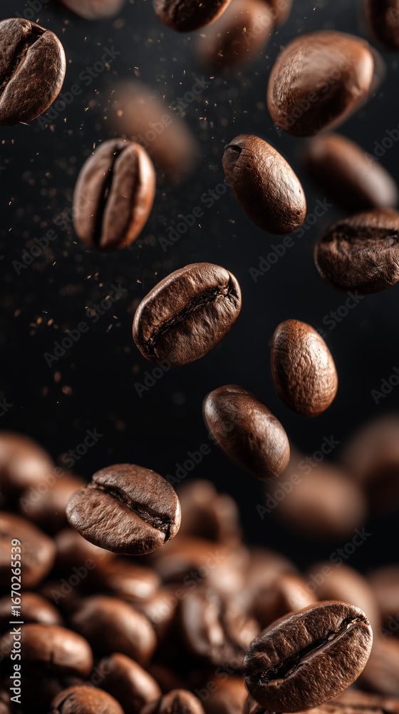 Obraz premium coffee beans falling from above, close-up