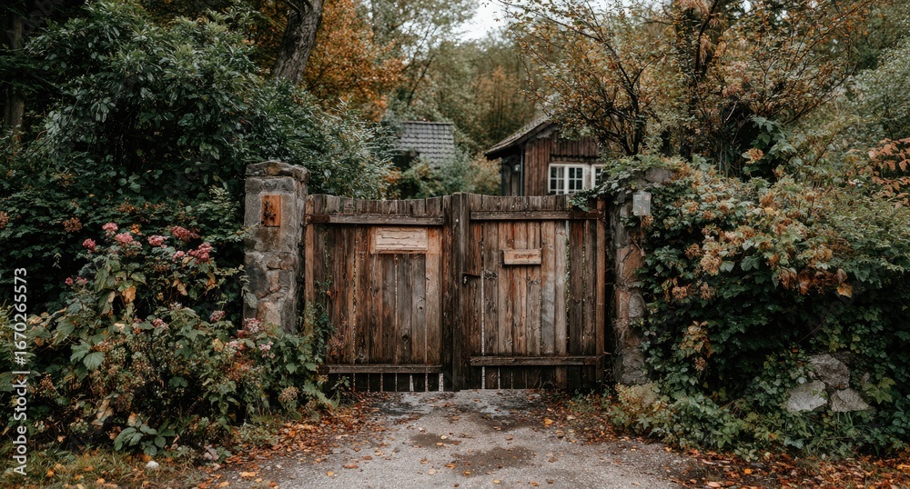 Obraz premium Rustic wooden gate in autumnal garden