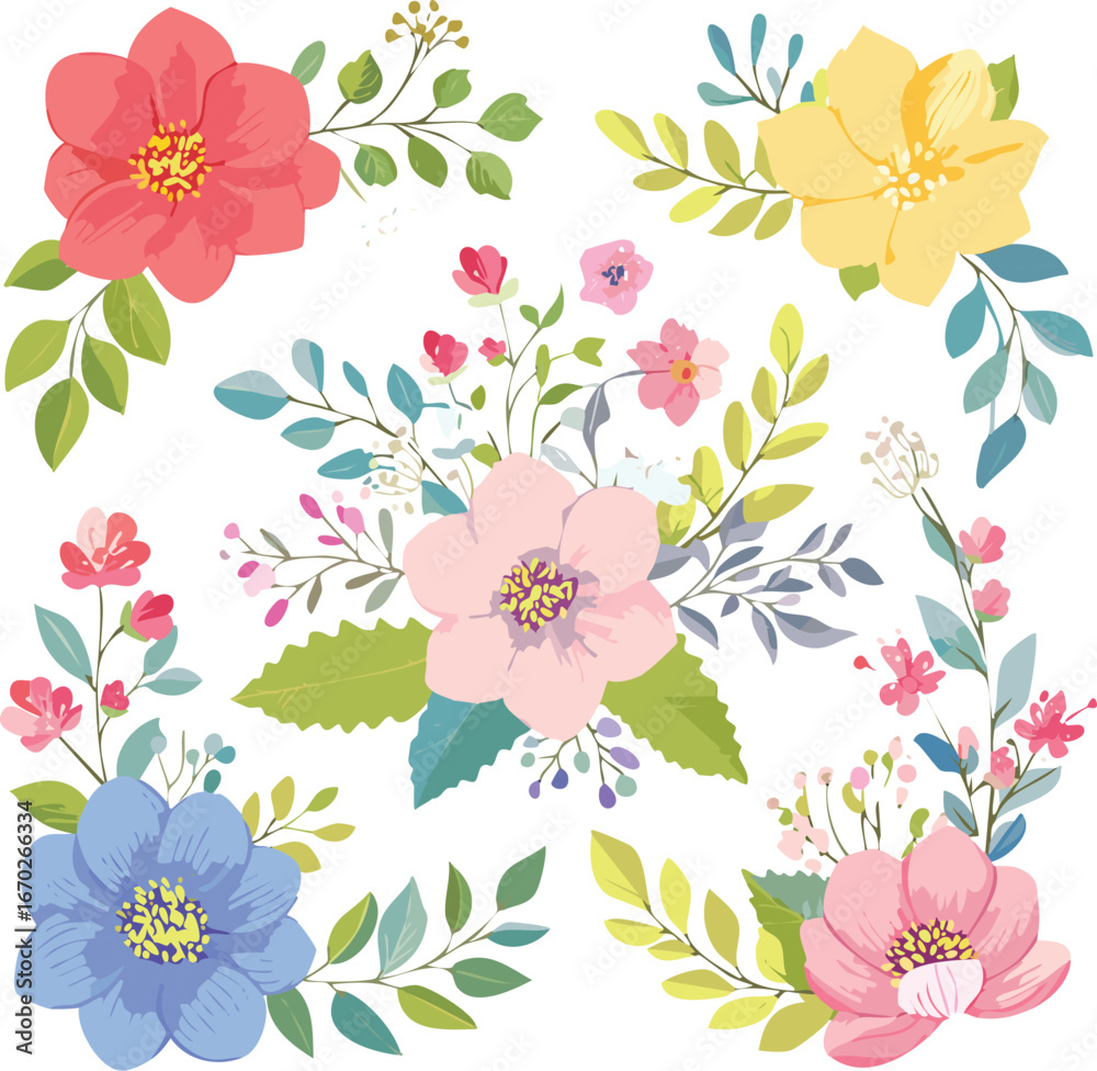 Obraz premium Set of detailed various flowers and foliage, intricate details and delicate forms. Hand drawn vector illustration with elegant botanical elements leaf, detailed, draw, invitation, motif.vector 