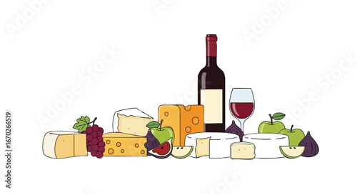 Wine and Cheese Tasting A Delicious Flatlay Illustration