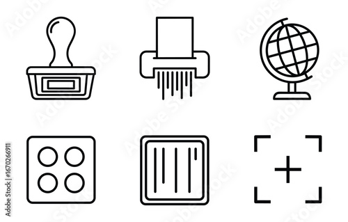 Set of Six Business Icon Elements Stamp, Shredder, Globe, Dice, Document and Focus, Line Art Style, Vector Illustration