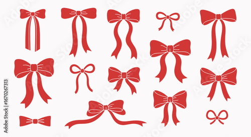 Hand Drawn Red Bows and Ribbons. Minimalist Vintage Sketch Illustration for Holiday Poster, Greeting Cards, Wedding Invitations, Branding, Logo Design.