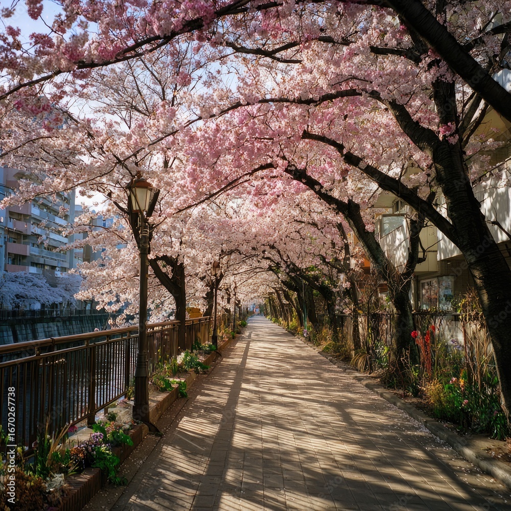 Naklejka premium Sakura-lined walkway with gentle breeze and cloud shadows