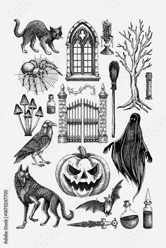 Halloween poster design. Hand-drawn vector illustrations. Magic animals, monsters, and pumpkin head sketches. Gothic design elements. NOT AI generated