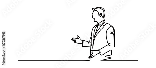 Continuous line art of a man in a business suit talking to himself. Public speaking practice concept. Vector illustration.