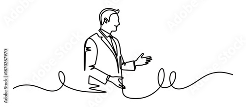 Continuous line art of a man in a business suit talking to himself. Public speaking practice concept. Vector illustration.