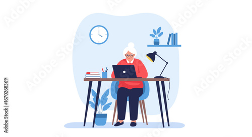 Elderly woman focused on laptop at a desk in a modern home office setting