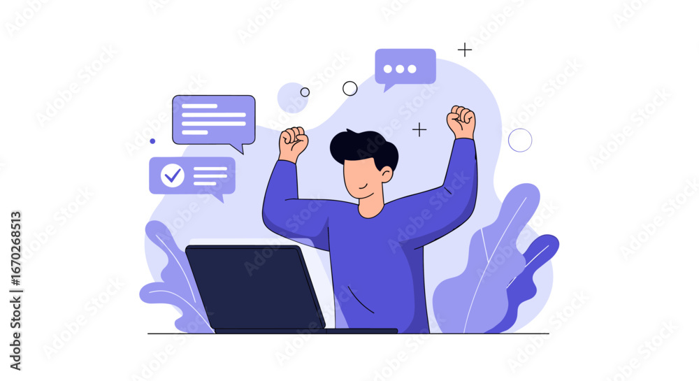 Successful person celebrating achievement with laptop and chat bubbles Successful person celebrating achievement with laptop and chat bubbles