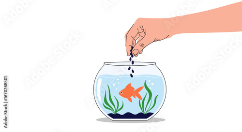Hand feeding a single orange goldfish in a round fishbowl with aquatic plants and gravel