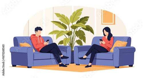 Two people sitting on sofas looking at their phones in a living room with a large plant