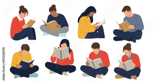 Diverse people enjoying books promoting reading literacy and knowledge acquisition
