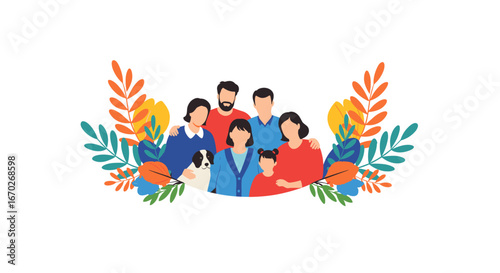 Joyful family gathering celebrating togetherness surrounded by autumn leaves and blooms