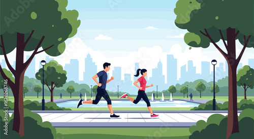 Active couple enjoying a morning jog in a vibrant city park surrounded by trees and fountains