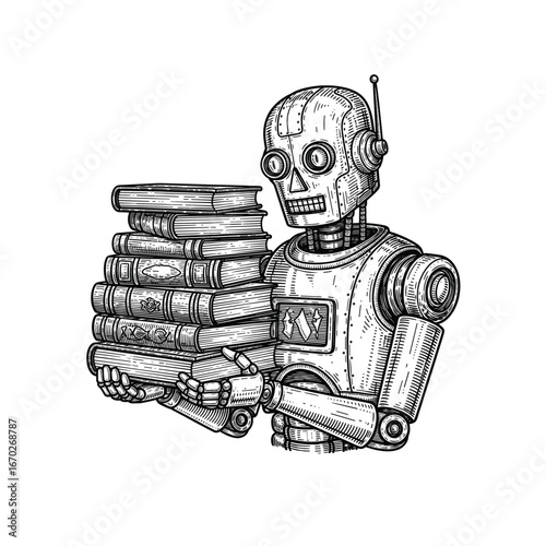 Vintage illustration of Robot with Books