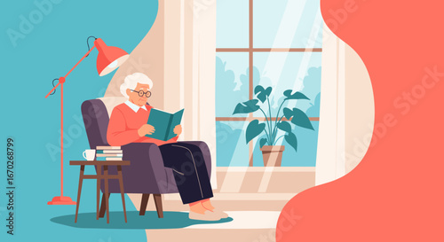 Elderly person relaxing indoors reading a book by the window