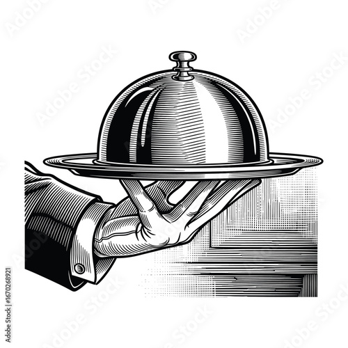 Vintage illustration ofa gloved hand holding a silver serving platter with a cloche